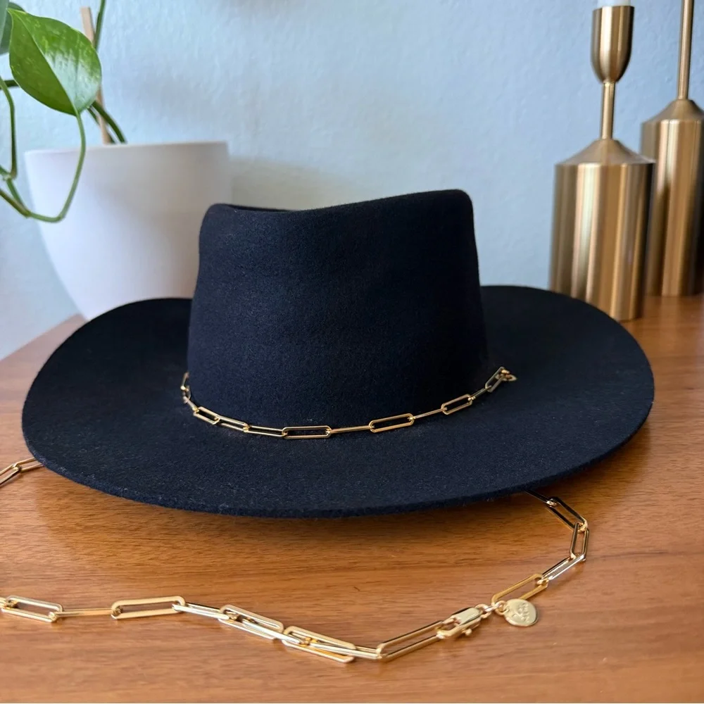 NWT Van Palma Black Wide-Brim Wool Fedora with Gold Chain Accent From France
